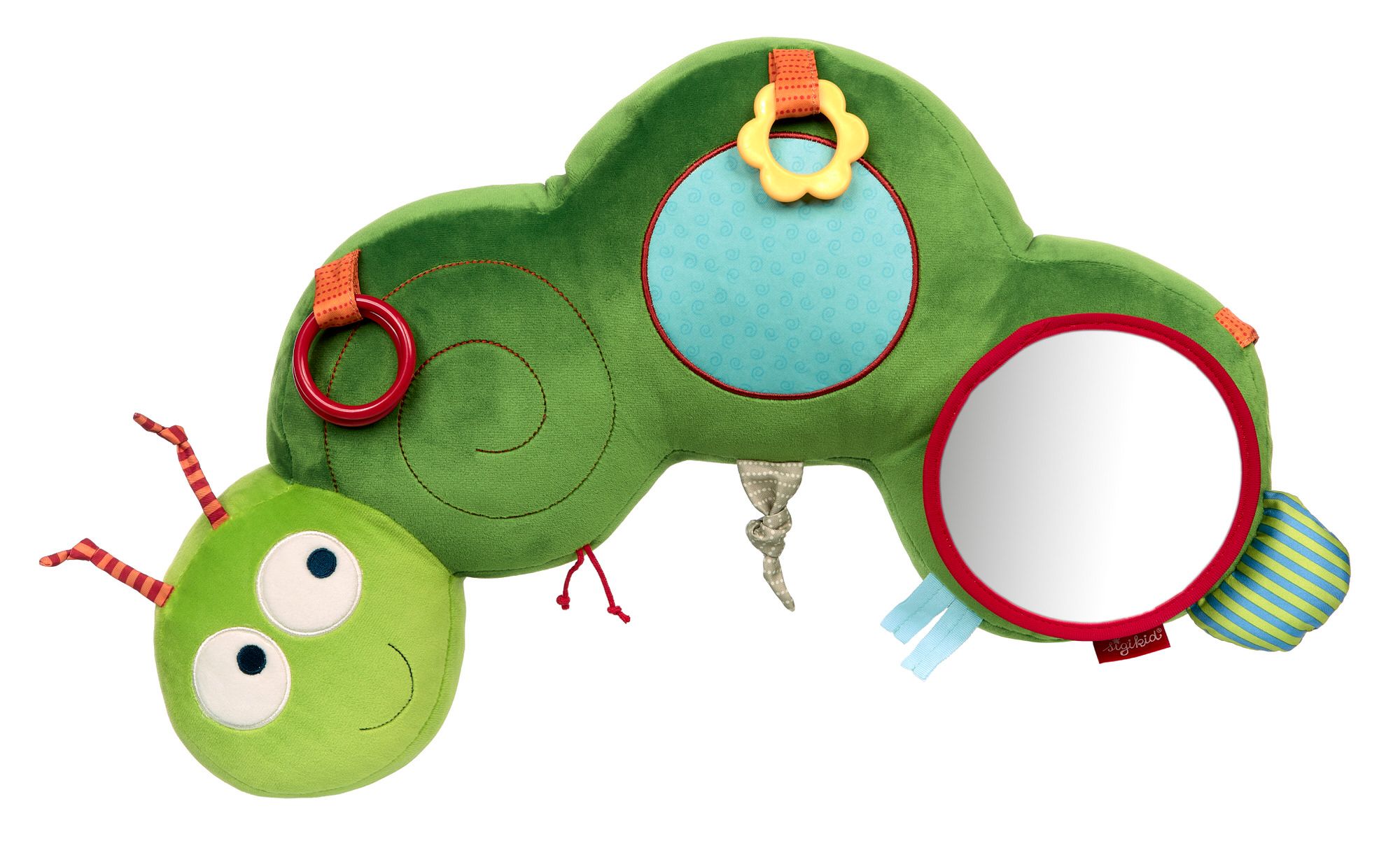 Grüne Raupe mit Spiegel, Ringen und Blüten. Verschiedene Texturen und Farben. Spielzeug für Babys.