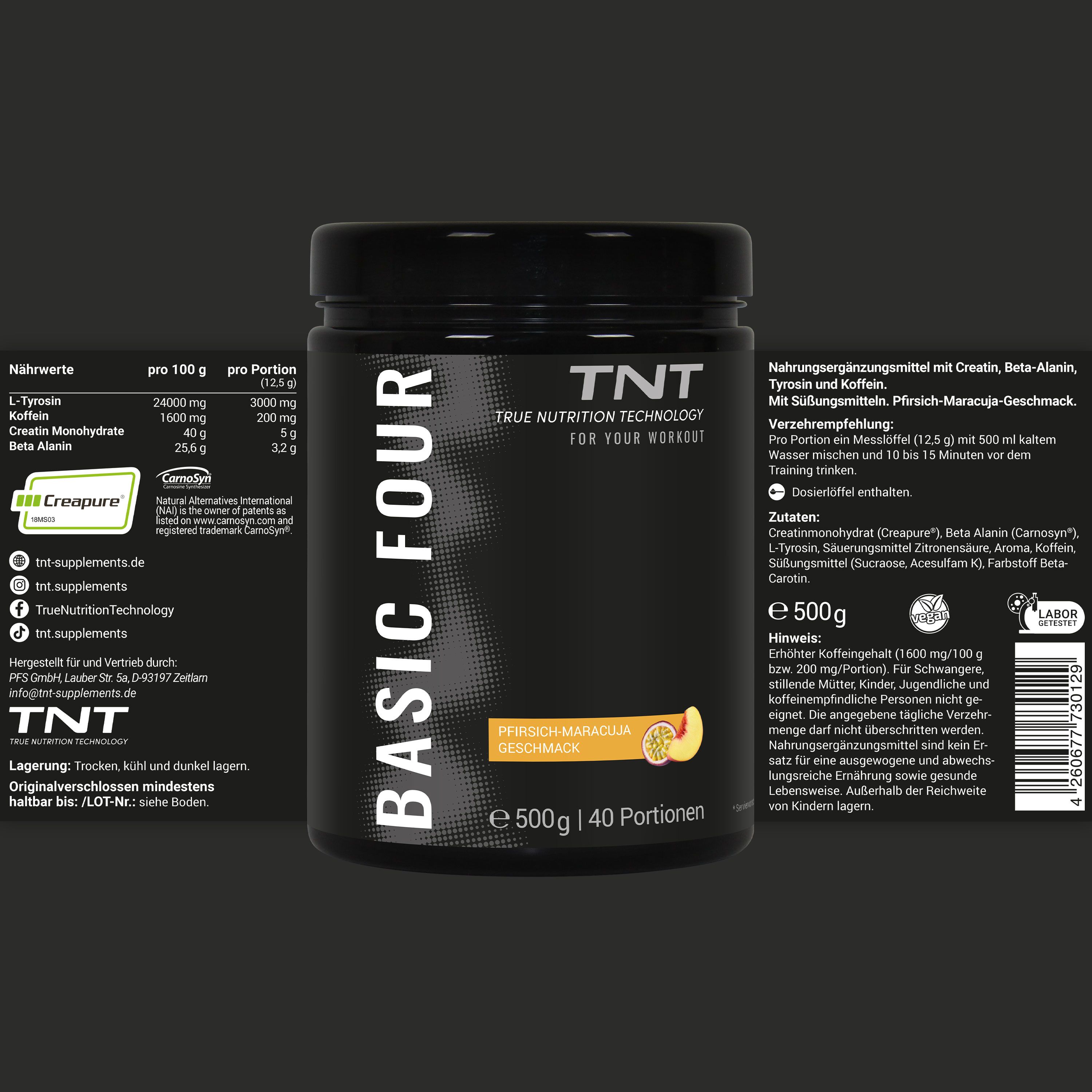 Dose BASIC FOUR und TNT Logo. Text: Nährwertangaben, Inhaltsstoffe, Verzehrempfehlung. Geschmack: Pfirsich-Maracuja. 500g, 40 Portionen. Creapure Logo.