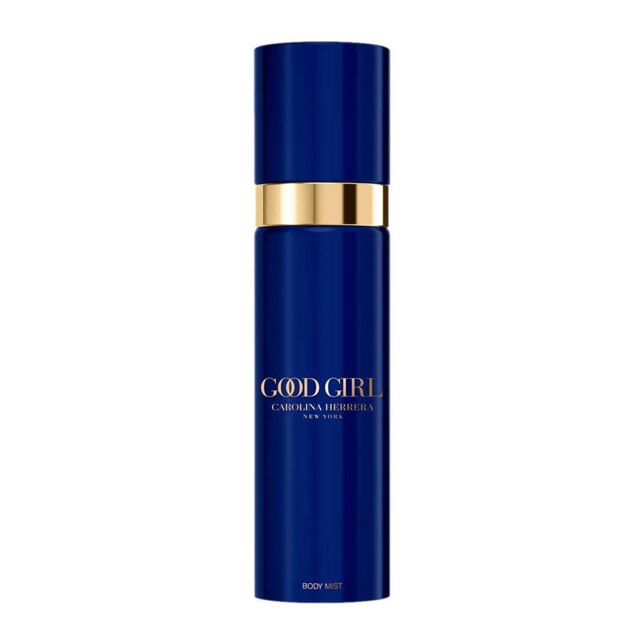Blauer Good Girl Body Mist-Behälter mit goldfarbenem Band. Schriftzug Good Girl und Carolina Herrera.