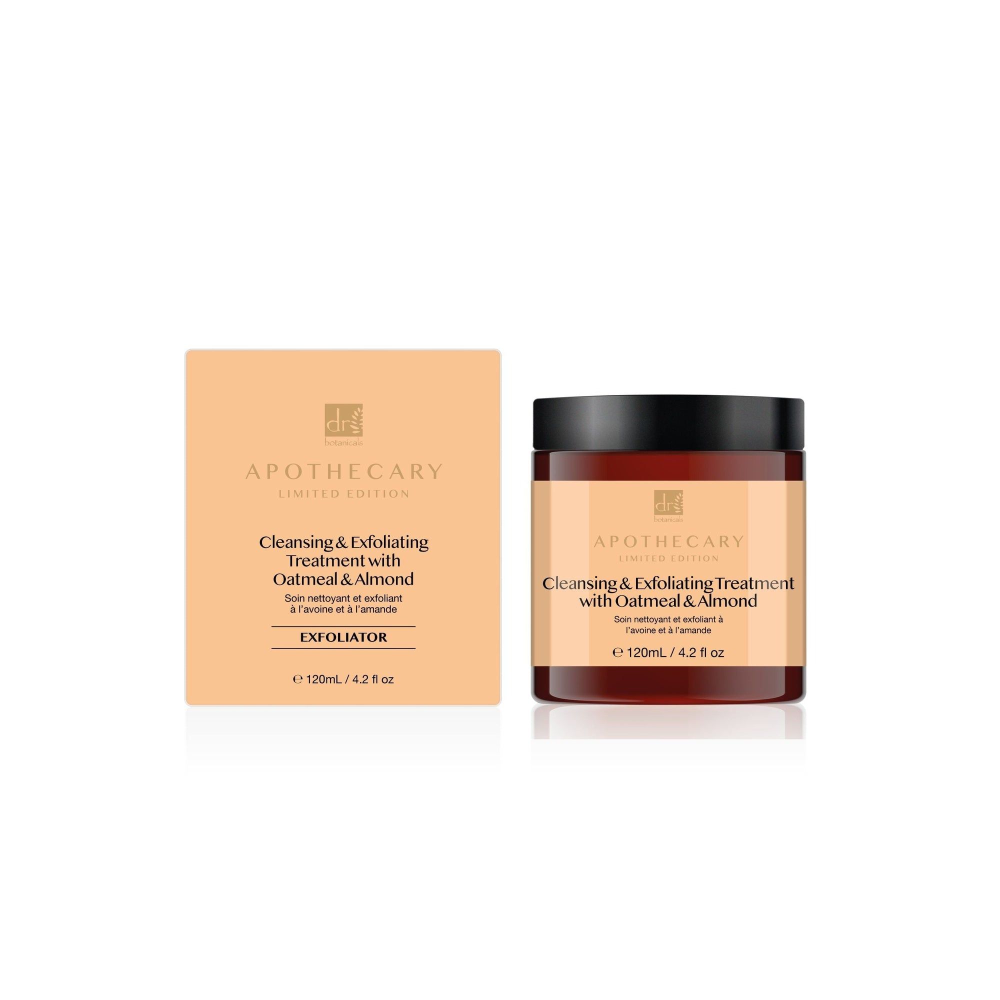 Produktverpackung und Dose. Dose: Cleansing & Exfoliating Treatment with Oatmeal & Almond. Verpackung: Apothecary Limited Edition, EXFOLIATOR.