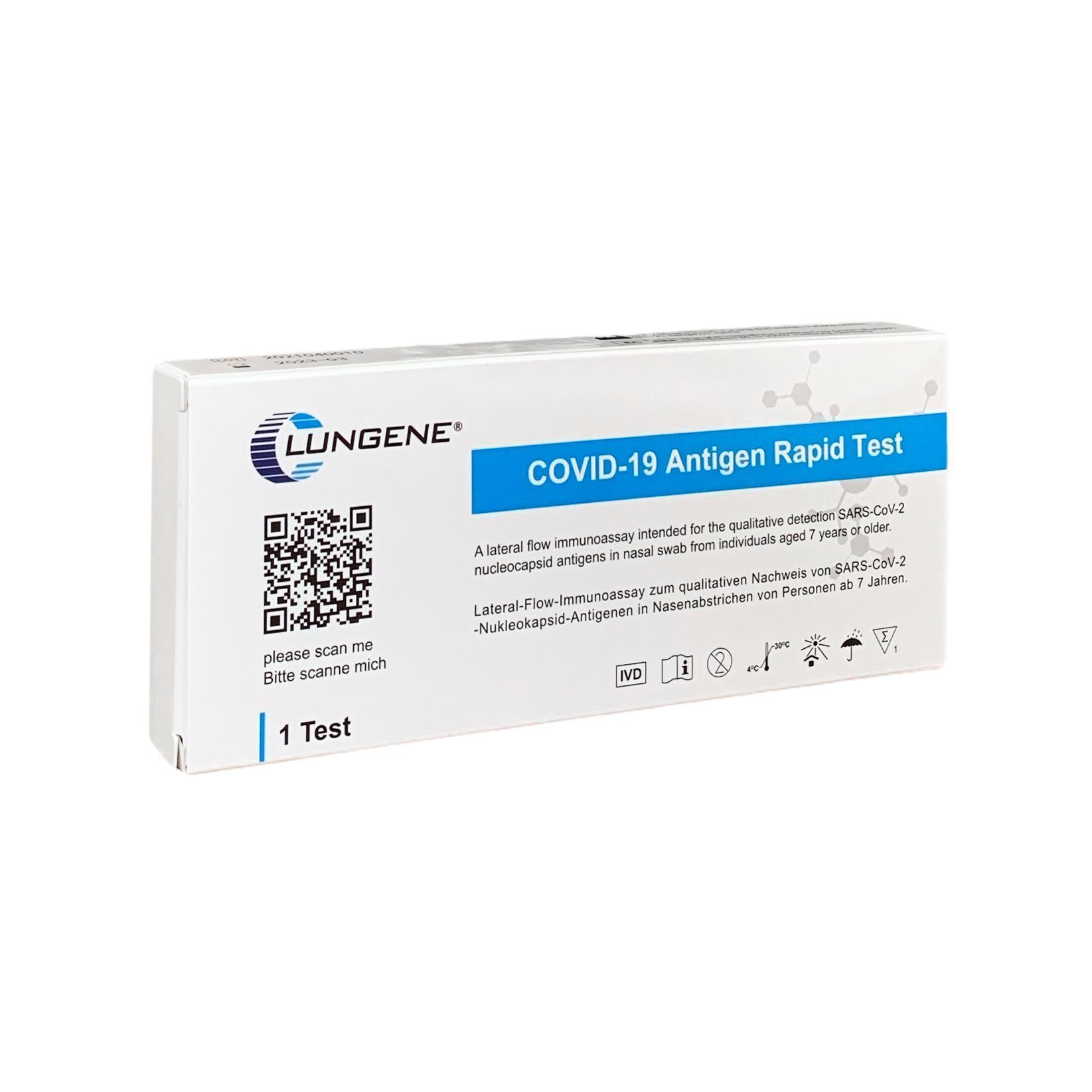 Schachtel mit Aufschrift "COVID-19 Antigen Rapid Test". Logo: Clungene. Enthält 1 Test. QR-Code und Text auf Deutsch.