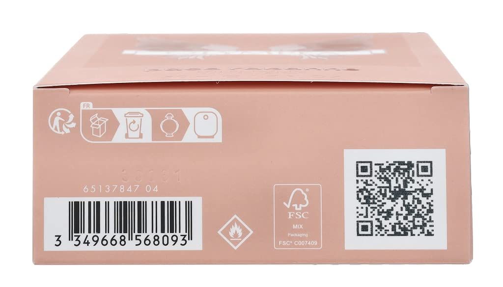 Rückseite der Verpackung. Rosa mit Informationen, Barcode, FSC-Logo und QR-Code.