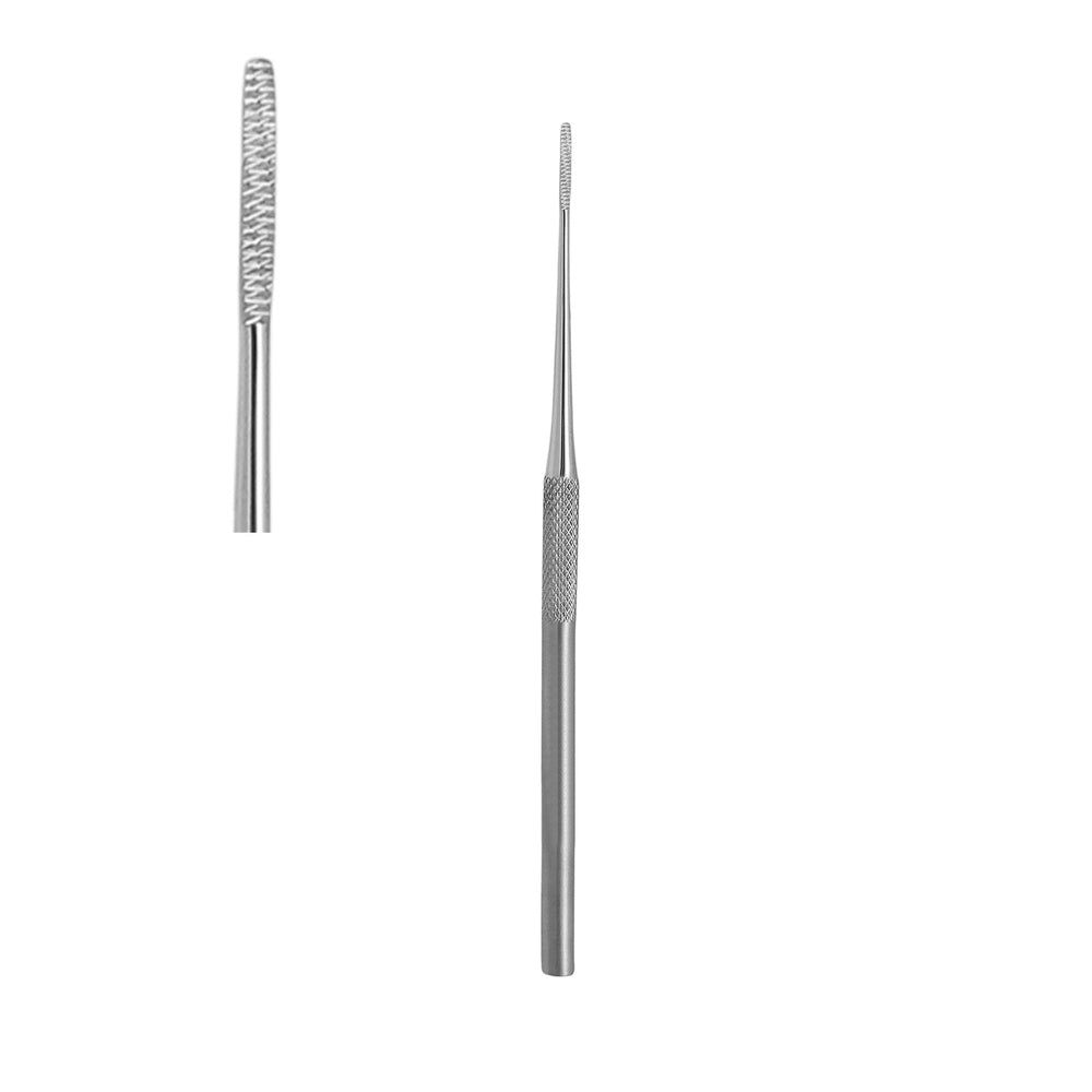 Zahnärztliches Instrument, einseitige Eckenfeile. Metall, länglich, mit geriffelten Griffen. Spitze und Feilbereich sichtbar.