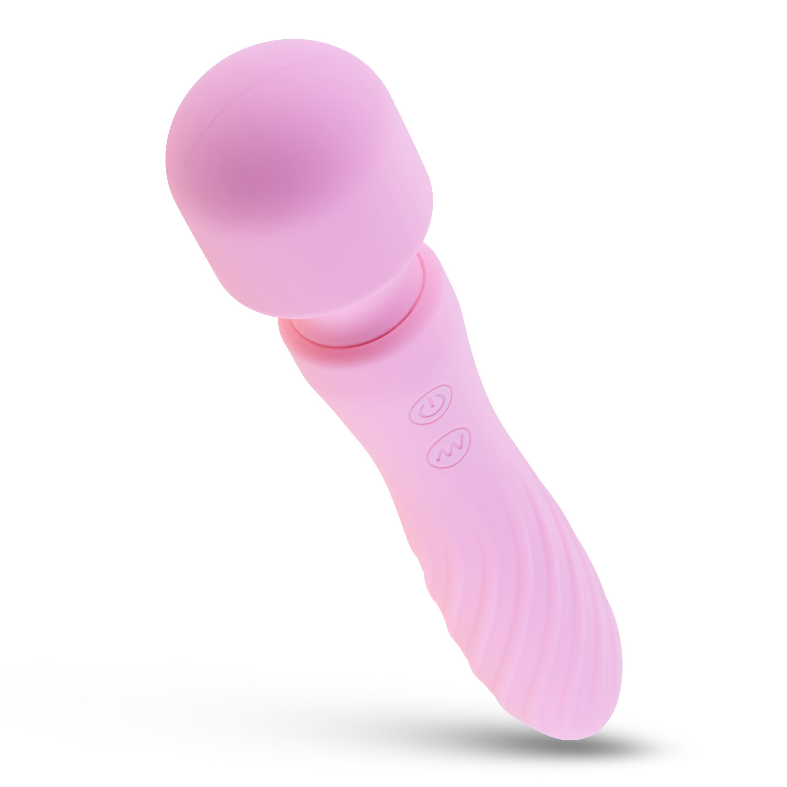 Rosa Vibrator mit abgerundetem Kopf und gewelltem Griff. Zwei Knöpfe mit Symbolen. Perspektivische Ansicht.