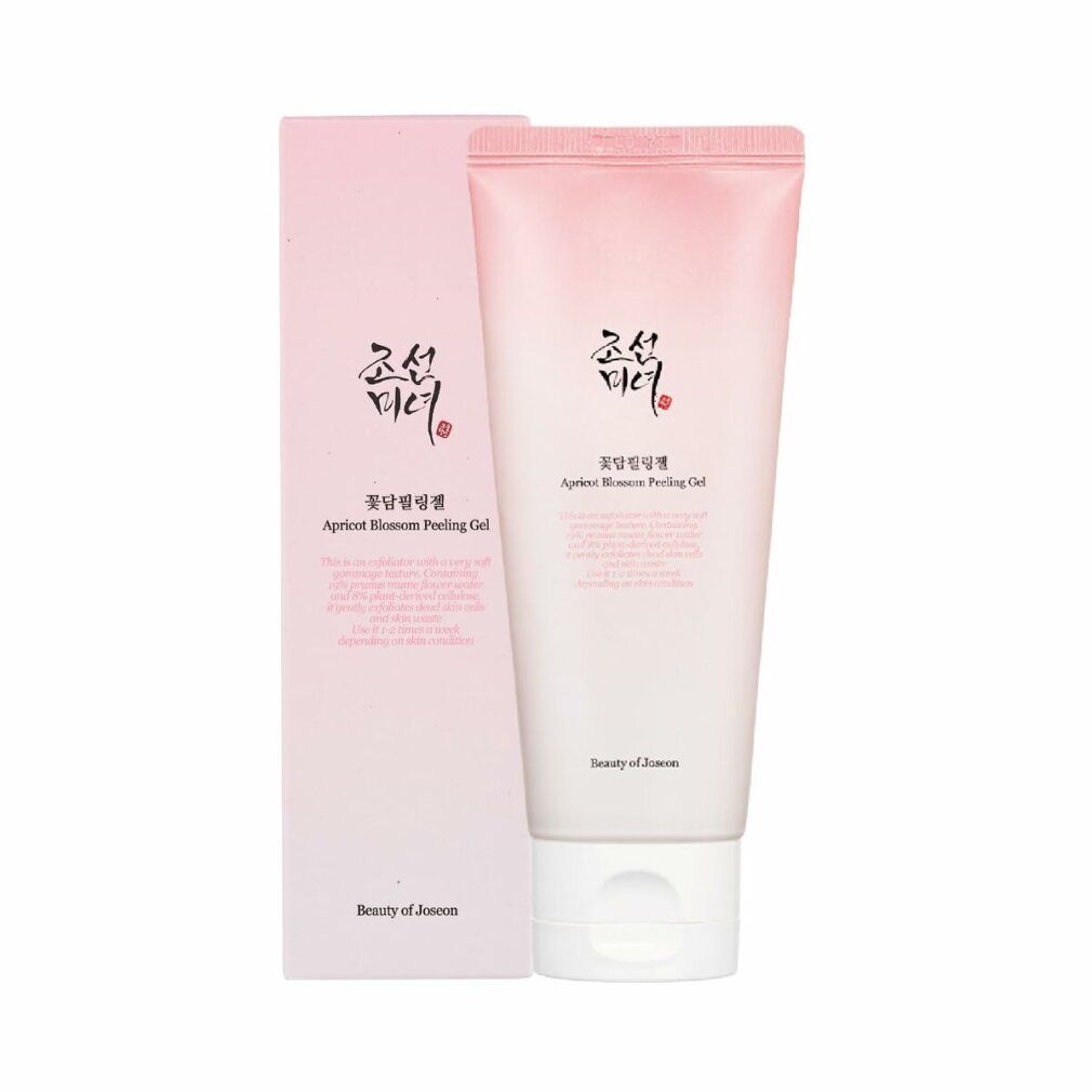 Weiße Tube. Text: Apricot Blossom Peeling Gel. Marke: Beauty of Joseon.