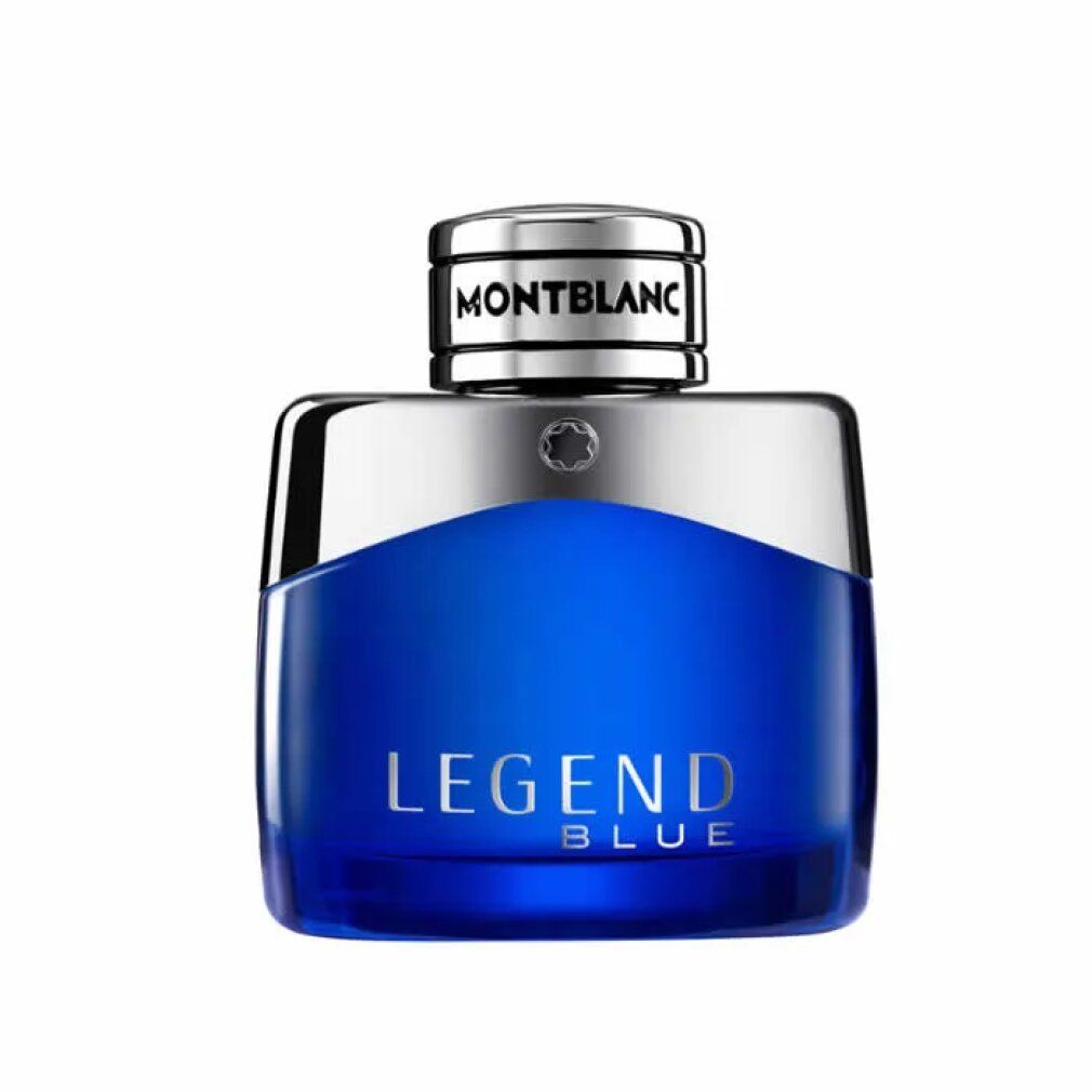 Blauer Flakon mit silbernem Verschluss. Aufschrift LEGEND BLUE und MONTBLANC. EdP Nat. Spray.