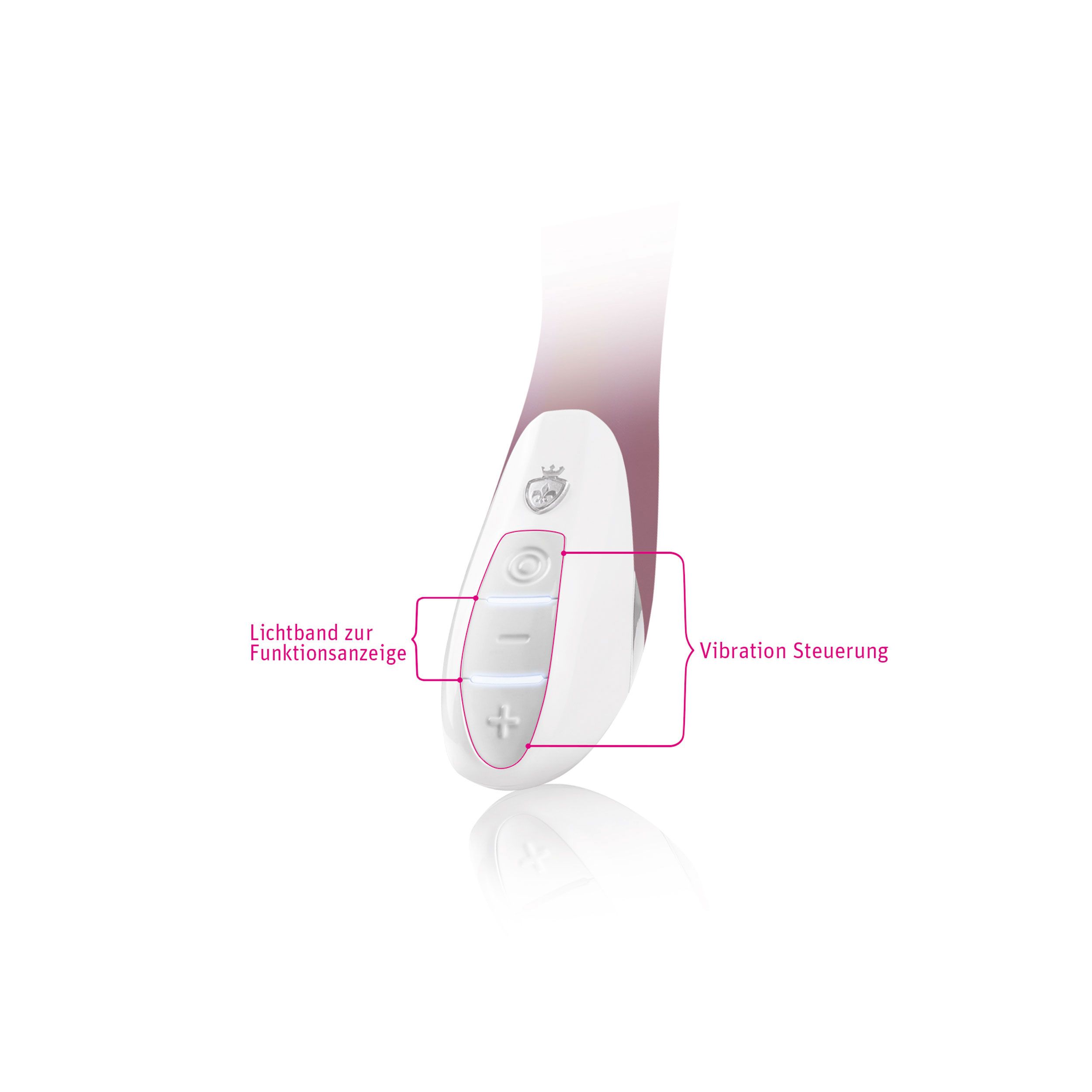 Nahaufnahme des Bedienfelds. Beschriftung: Lichtband zur Funktionsanzeige, Vibration Steuerung.