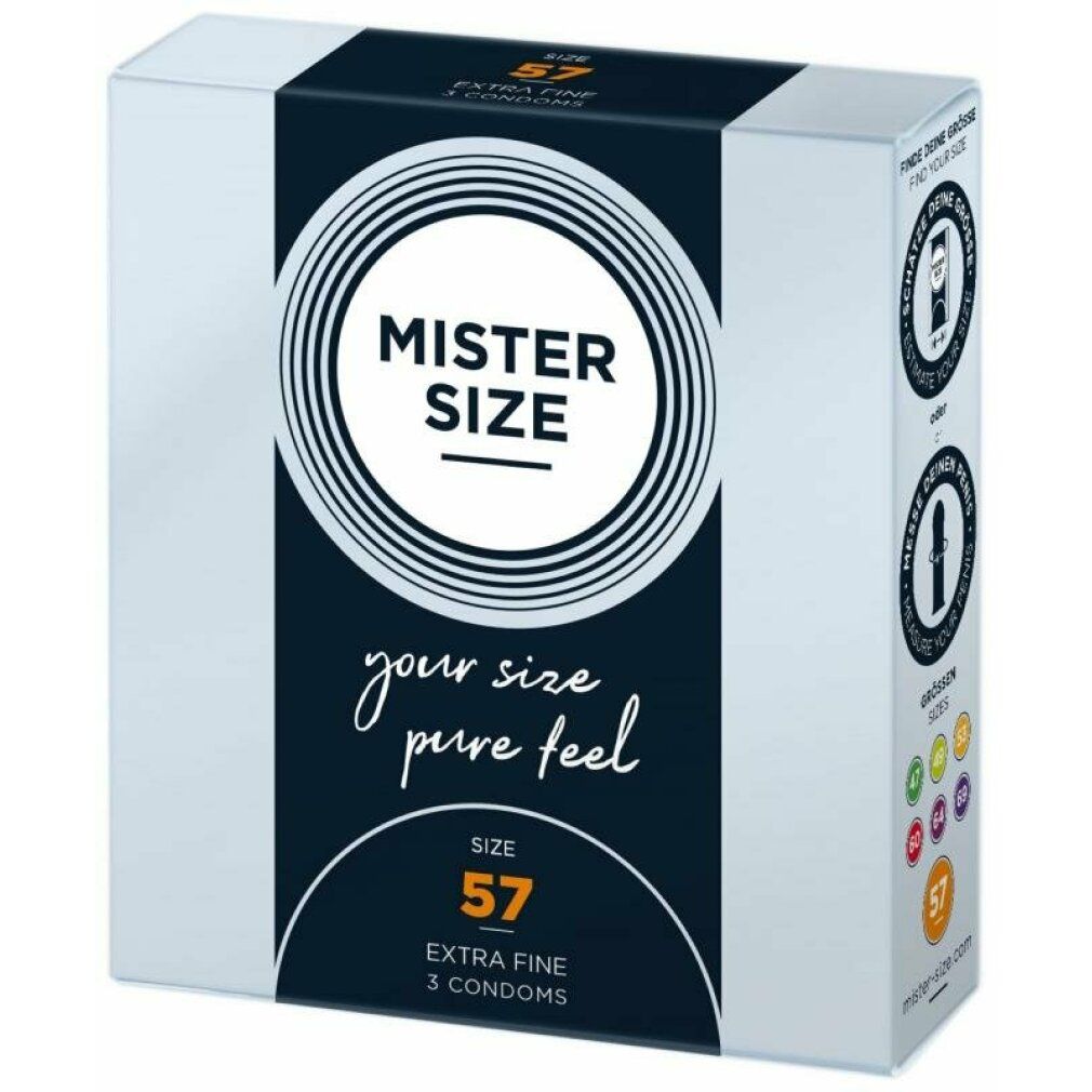 Weiße Schachtel mit Produktinformationen. Aufschrift: MISTER SIZE, SIZE 57, 3 Kondome. Text: your size pure feel. Extra Fine. Größenangaben.