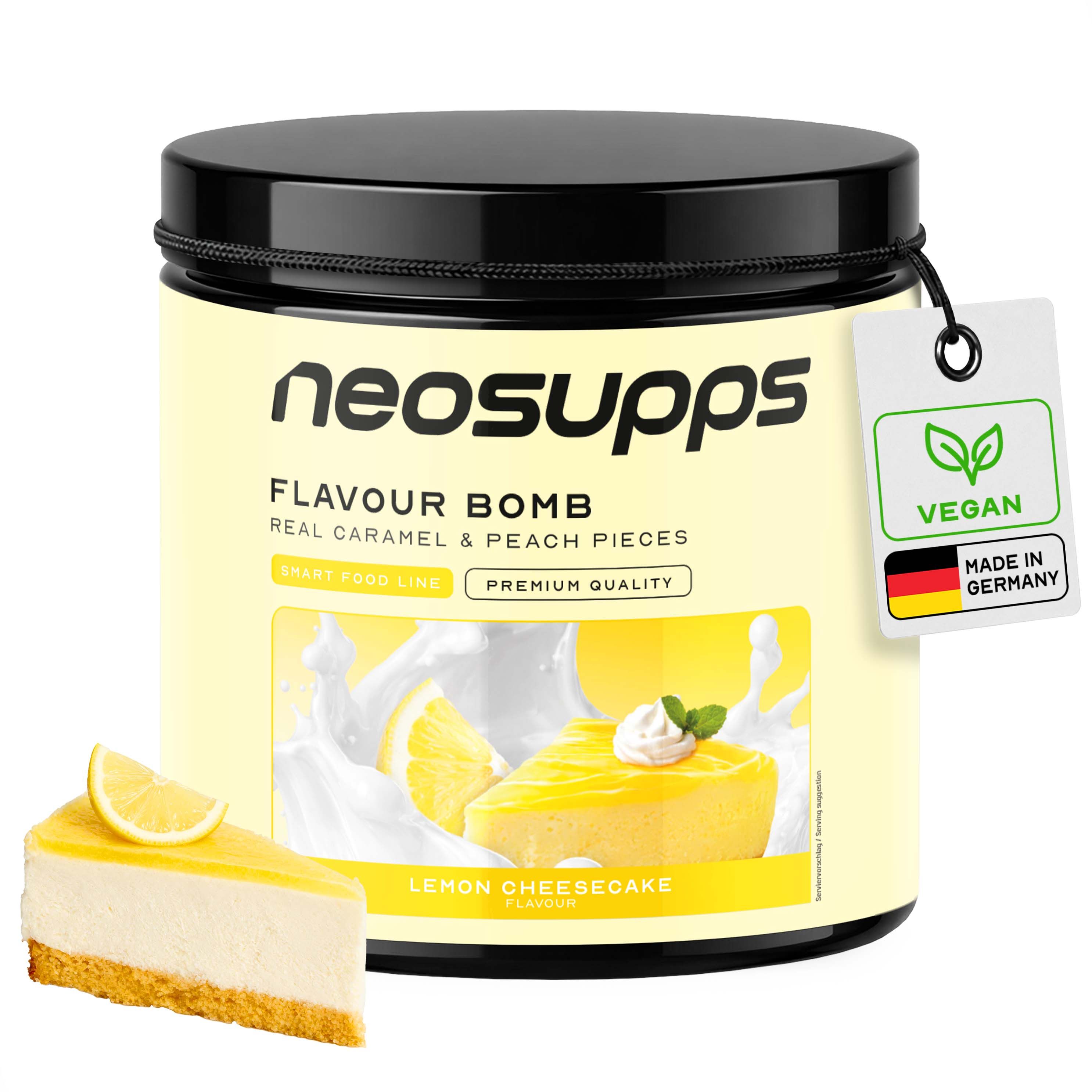 Neosupps Flavour Bomb Lemon Cheesecake Aroma-Pulver Dose mit Aufkleber 'Vegan' und 'Made in Germany'.
