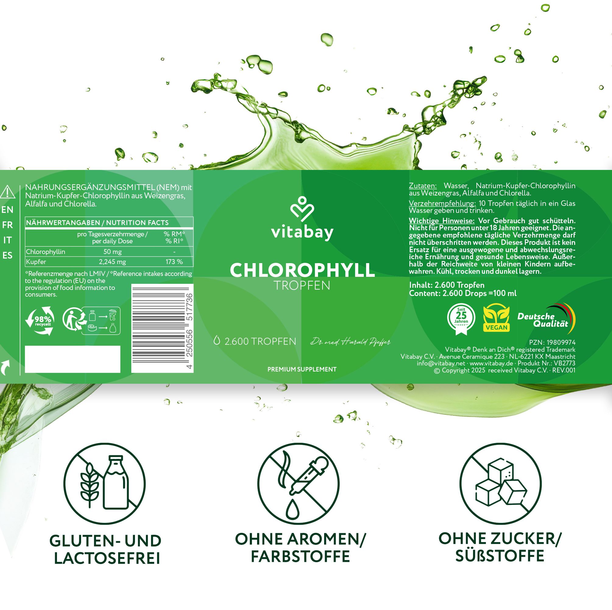 Produktetikett mit Chlorophyll Tropfen, Inhaltsangaben, Zertifizierungen. Vitabay Logo, grüne und weiße Elemente.