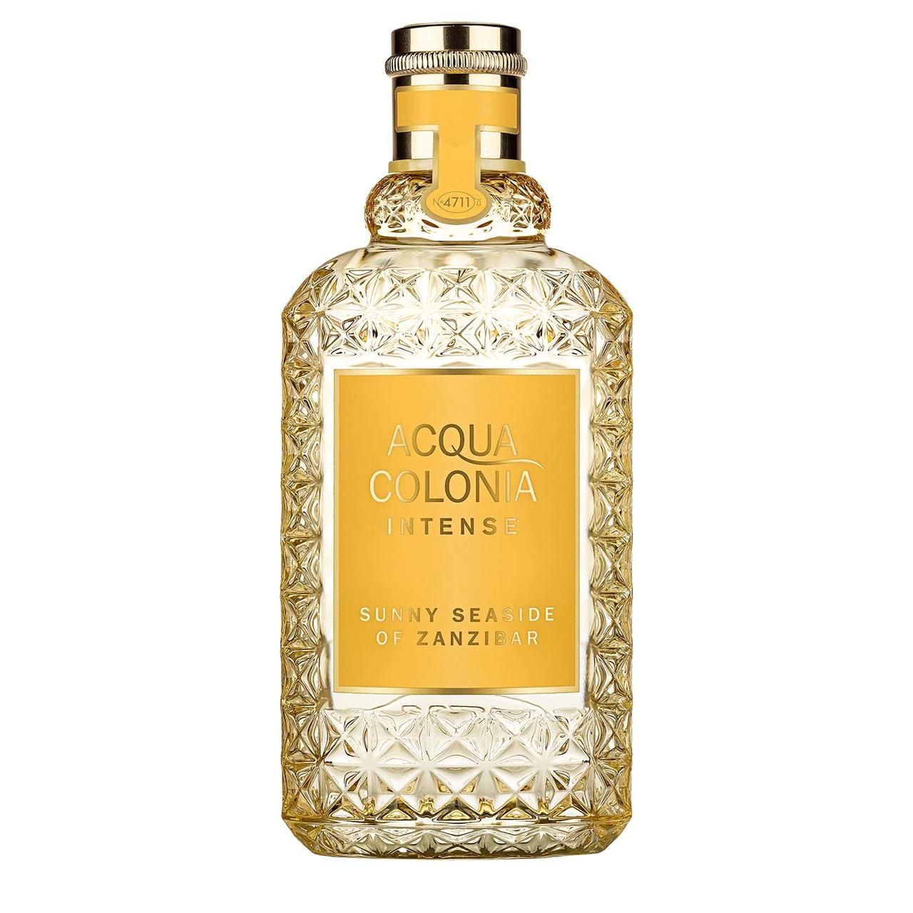 Glasflakon mit gelbem Etikett. Aufschrift: Acqua Colonia Intense Sunny Seaside of Zanzibar. Goldfarbener Verschluss.