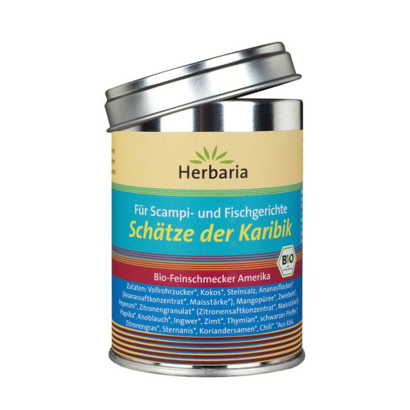Zylindrische Dose mit Deckel, geöffnet. Aufschrift: Herbaria, Schätze der Karibik. Bio-Siegel. Zutatenliste.