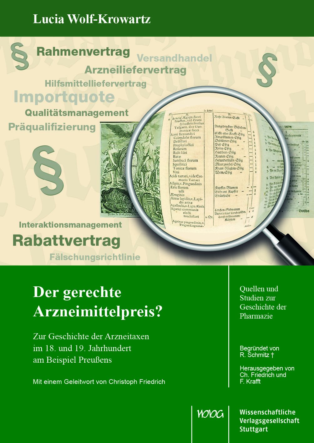 Buchcover: "Der gerechte Arzneimittelpreis?". Titel, Autor, und Verlag sichtbar. Lupe zeigt historische Dokumente.