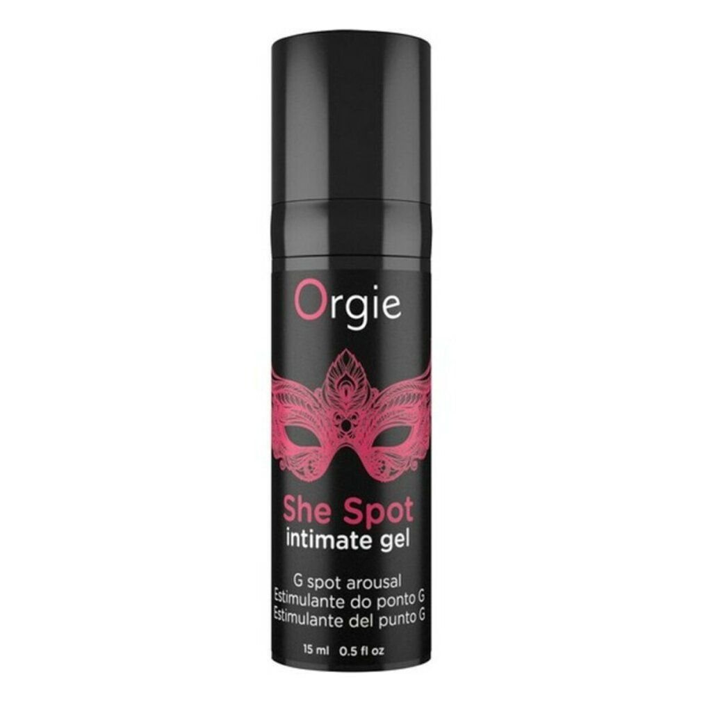 Schwarze Flasche mit Produktaufdruck. Marke Orgie, She Spot Intimate Gel. 15 ml.