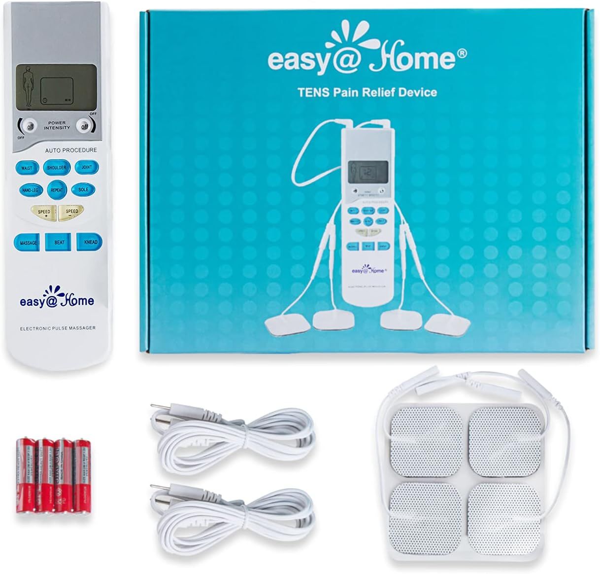 TENS-Gerät, Batterien, Pads und Kabel. Gerät mit Display und Knöpfen. Verpackung mit Produktname.
