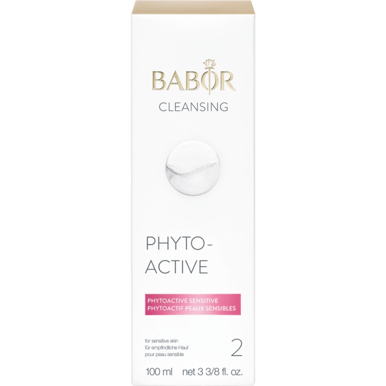 Babor Cleansing Phytoactive Sensitive. Weiße Verpackung mit Logo und Produktbezeichnung. Rosa Akzent. Nummer 2.