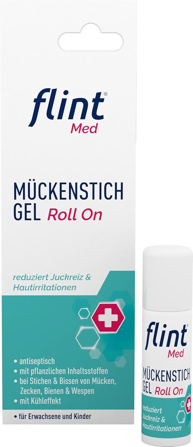 flint Med Mückenstich Gel Roll On und Verpackung. Text: Reduziert Juckreiz & Hautreizungen. Für Erwachsene & Kinder.