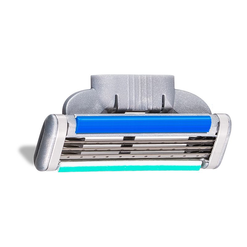Rasierklingenaufsatz mit drei Klingen. Blaue und grüne Streifen. Grauer Halter.