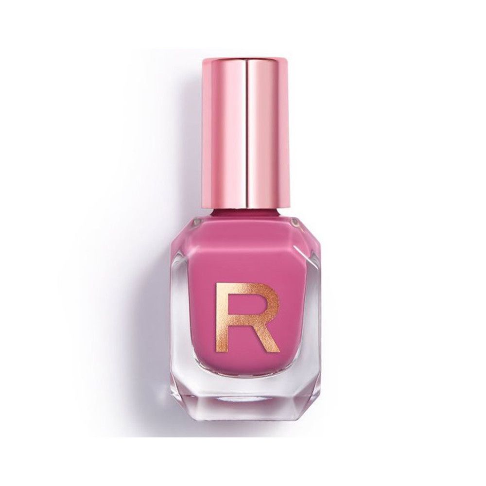 Nagellackflasche mit rosafarbenem Inhalt und goldfarbenem 'R'. Rosa Kappe. Klare, facettierte Glasflasche.