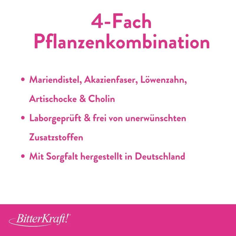 Text: 4-Fach Pflanzenkombination. Mariendistel, Akazienfaser, Löwenzahn, Artischocke & Cholin. Laborgeprüft & frei von Zusatzstoffen.
