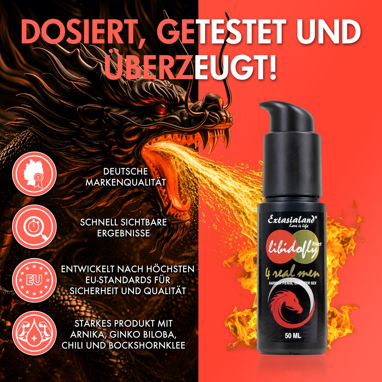 Libidofly-Creme vor Drachenhintergrund. Text: Deutsche Markenqualität, schnelle Ergebnisse.