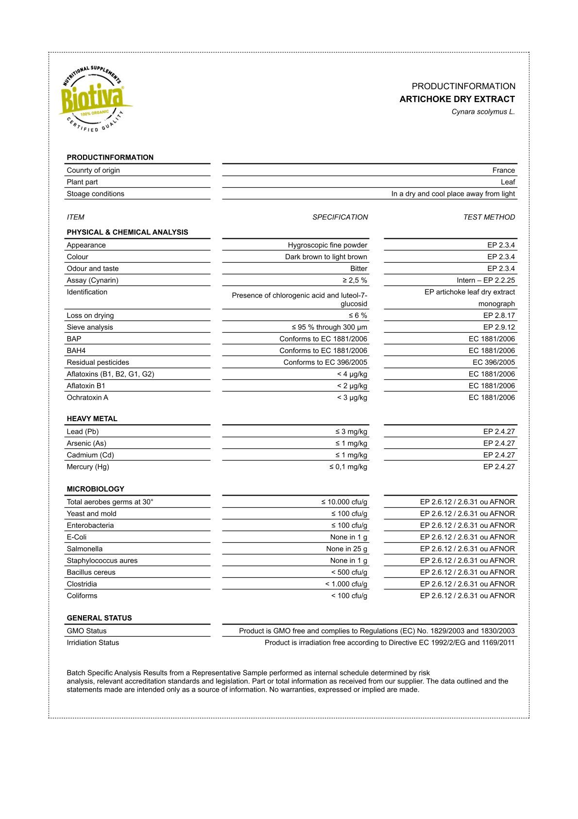 Produktdatenblatt. Artischocken Trockenextrakt. Informationen zu Aussehen, Analyse, Schwermetallen und Mikrobiologie.
