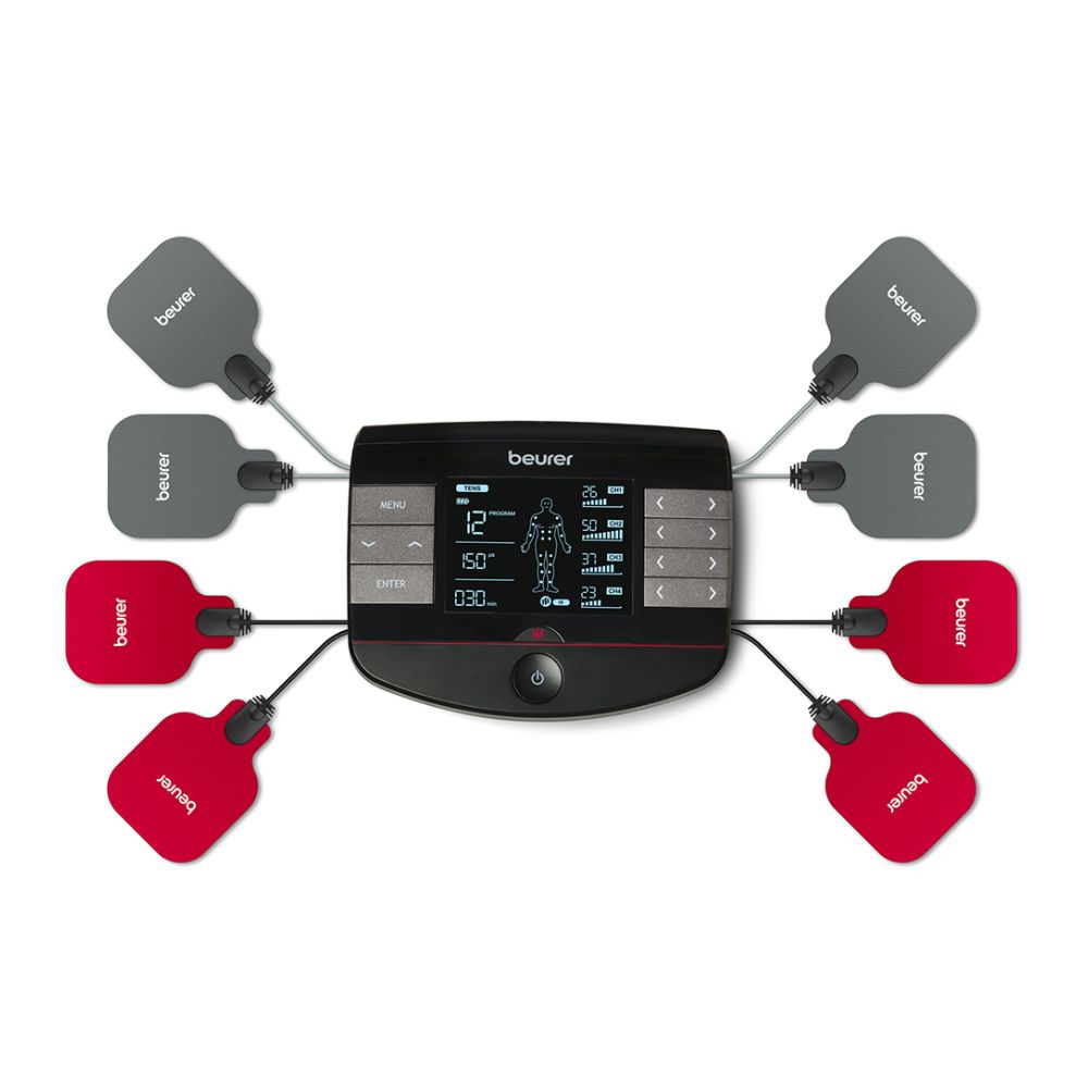 Schwarzes Beurer TENS/EMS-Gerät mit Display und Bedienknöpfen. Sechs Elektrodenpads, grau und rot, sind angeschlossen.