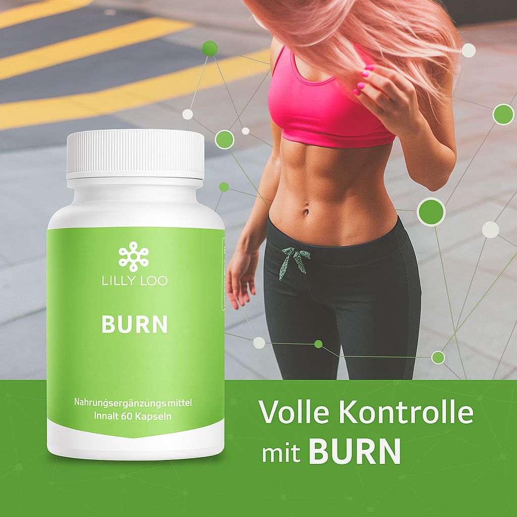 Weiße Flasche mit grünem Etikett. Aufschrift: LILLY LOO, BURN. Text: Volle Kontrolle mit BURN. Frau in Sportkleidung im Hintergrund.