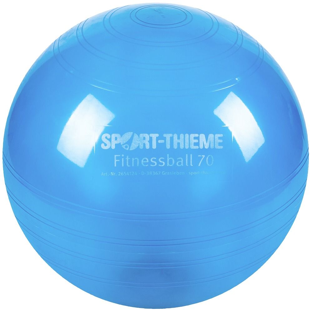 Sport-Thieme Fitnessball 70, blau. Ein runder Gymnastikball mit konzentrischen Rillen und Markenschriftzug.