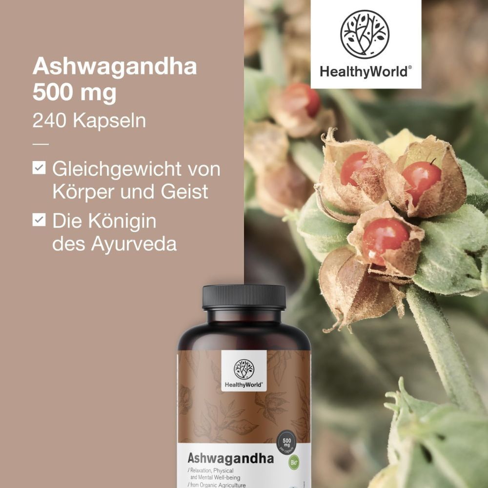 Flasche mit Ashwagandha 500 mg. Text: Ashwagandha trägt zur körperlichen und geistigen Leistungsfähigkeit bei.