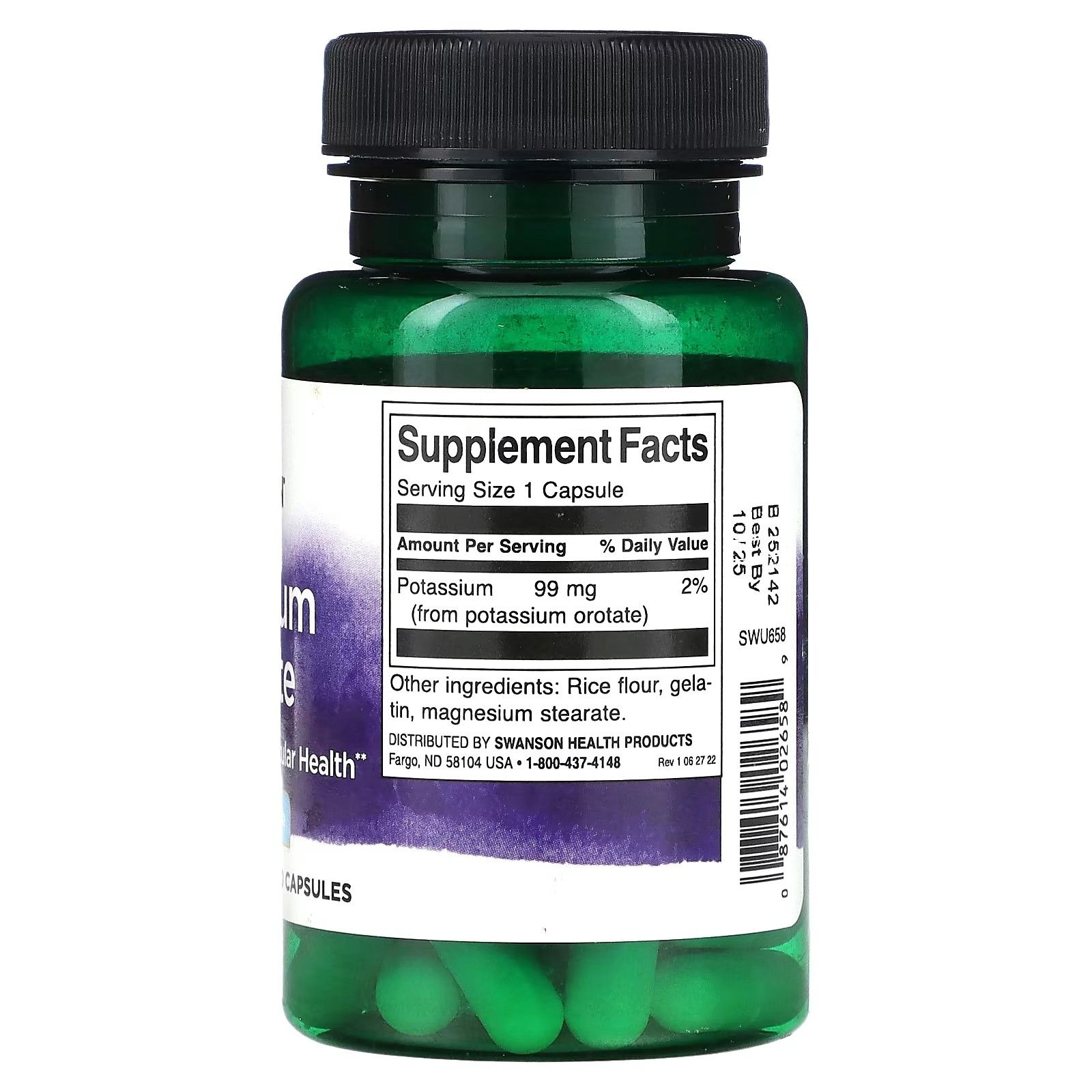 Rückseite einer grünen Flasche mit schwarzen Deckel. Etikett mit "Supplement Facts", "Potassium 99 mg", "60 Capsules".