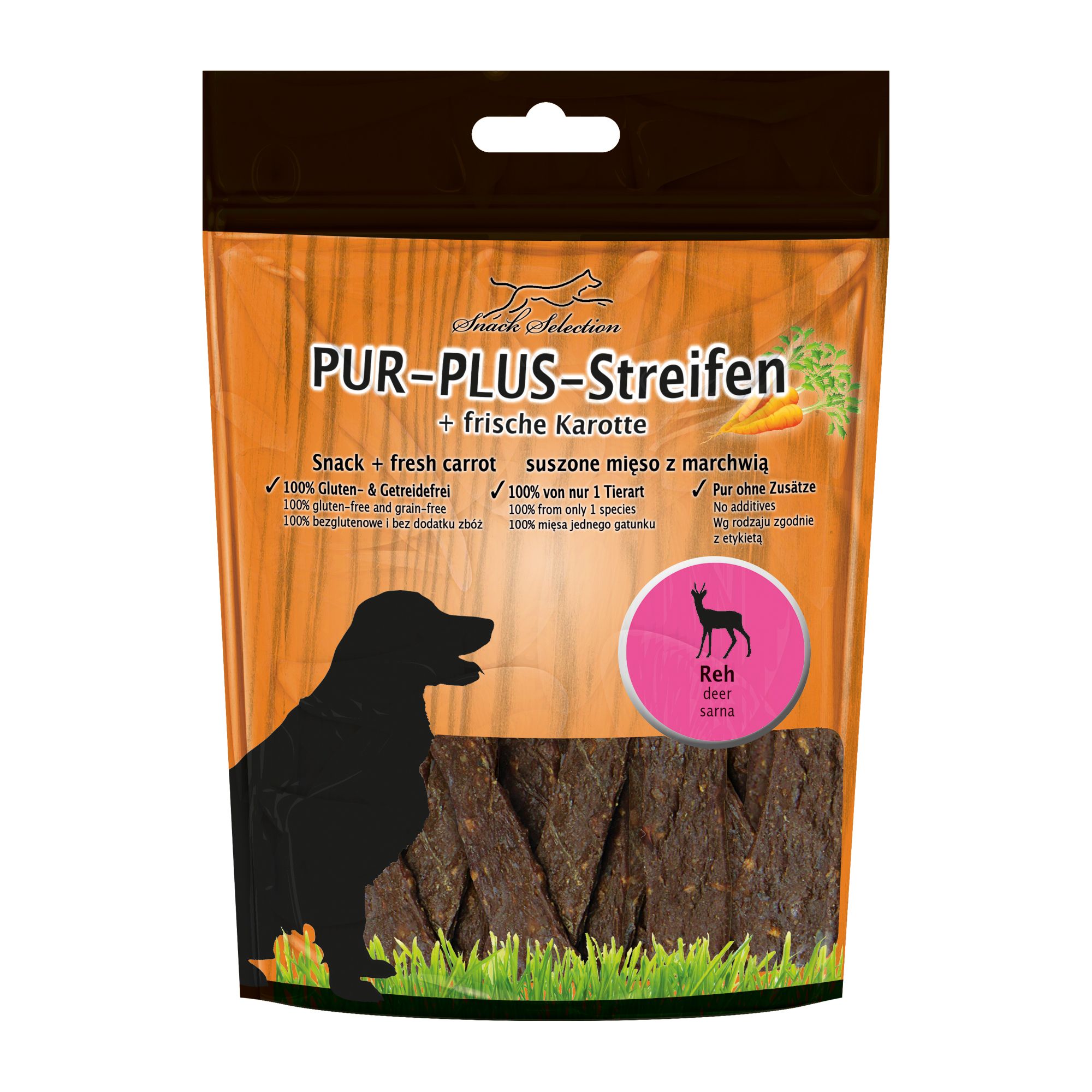 Schecker PUR Plus Kaustreifen Reh + Karotte - getreidefrei wunderbar weich und leicht teilbar 10x100 g Futter