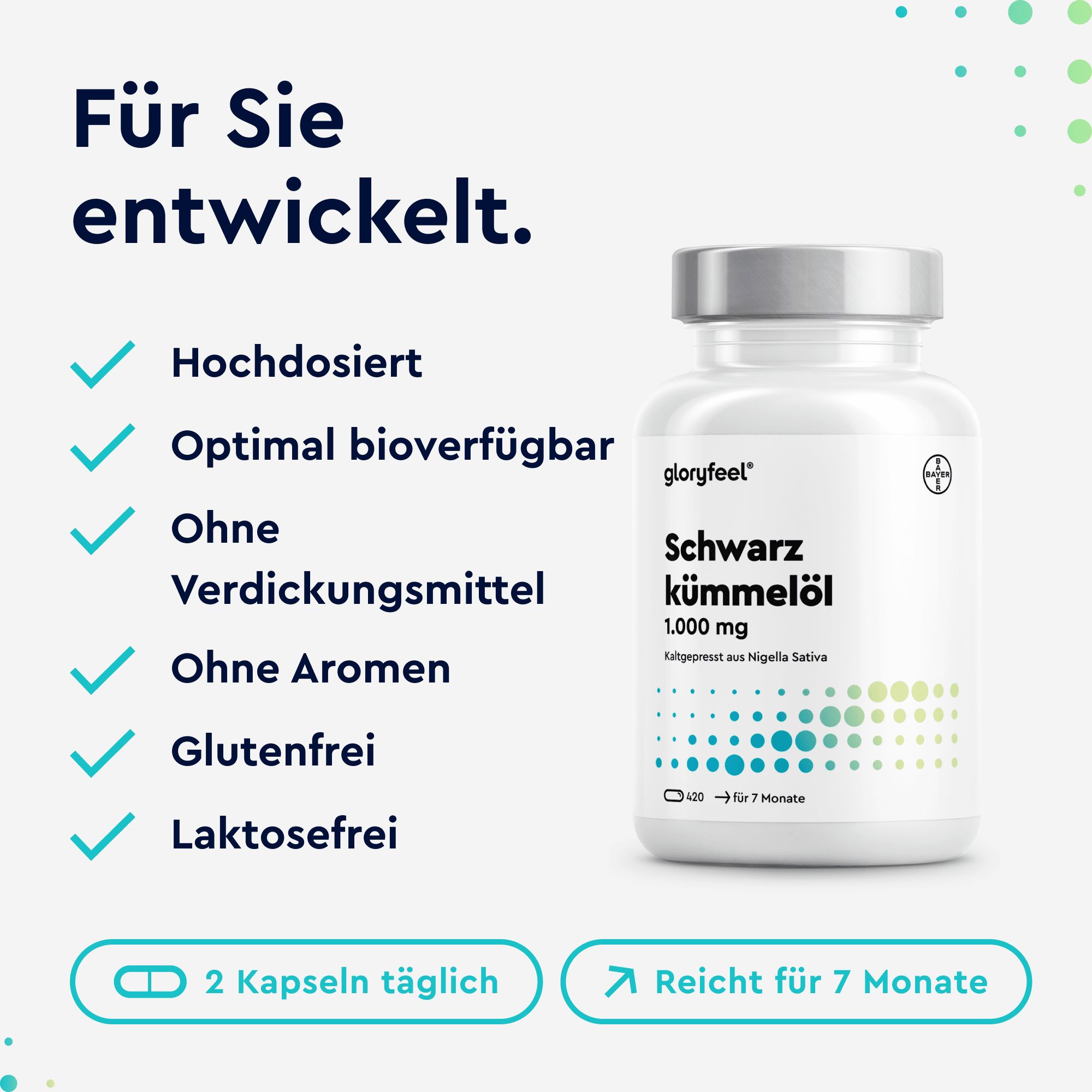 gloryfeel® Schwarzkümmelöl - 420 Kapseln - 1000mg/Tagesdosis Nigella sativa kaltgepresst - Vitamin E