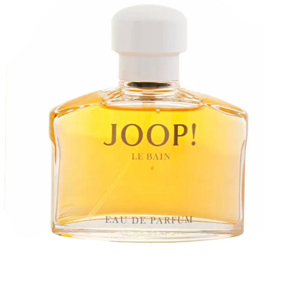 JOOP! Le Bain Eau de Parfum Flakon. Eckiger Glasflakon mit weißem Verschluss. Blaue Schrift auf gelbem Hintergrund.