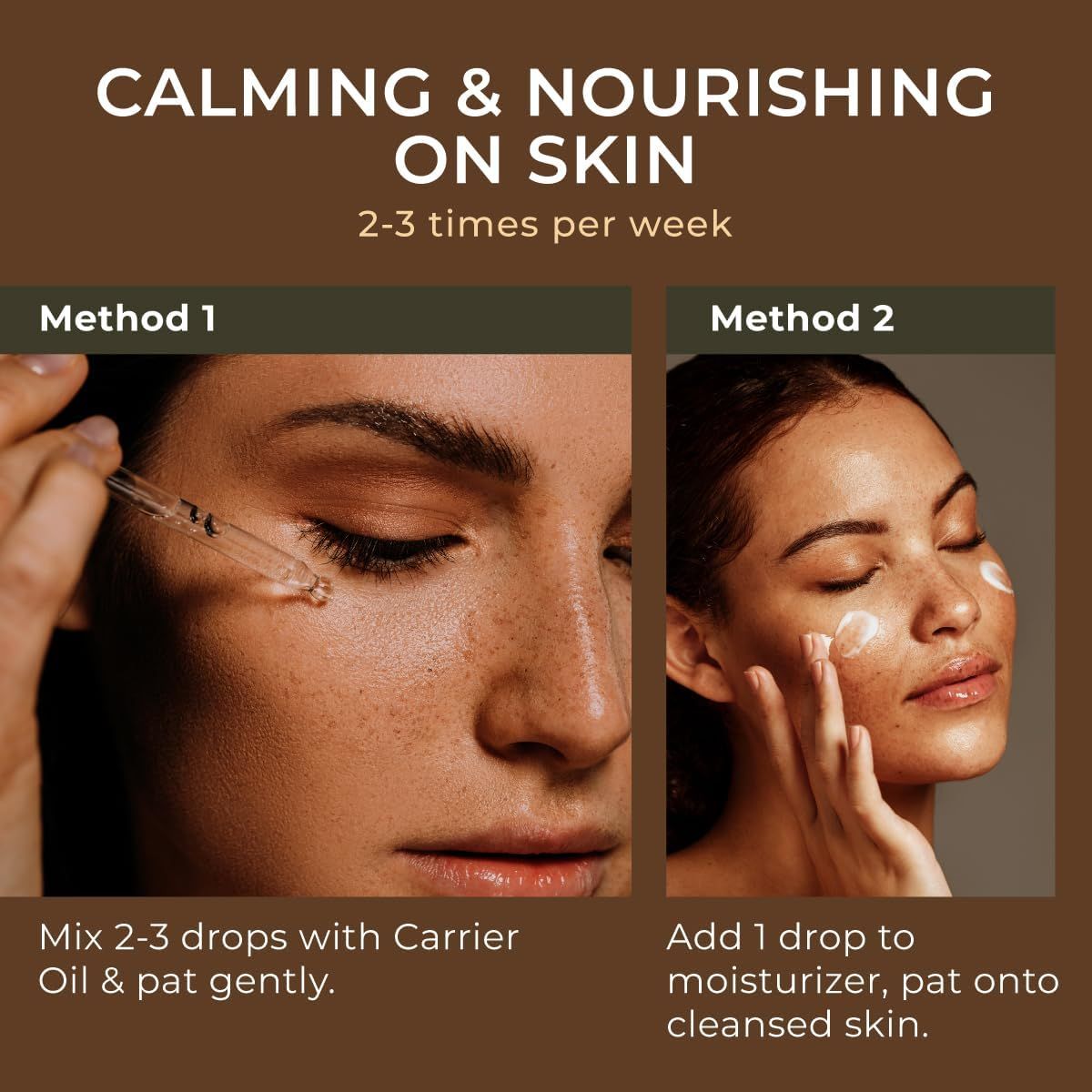 Zwei Frauen, die das Produkt anwenden. Eine Frau mit Pipette, die andere mit Creme. Text "Calming & Nourishing on Skin".