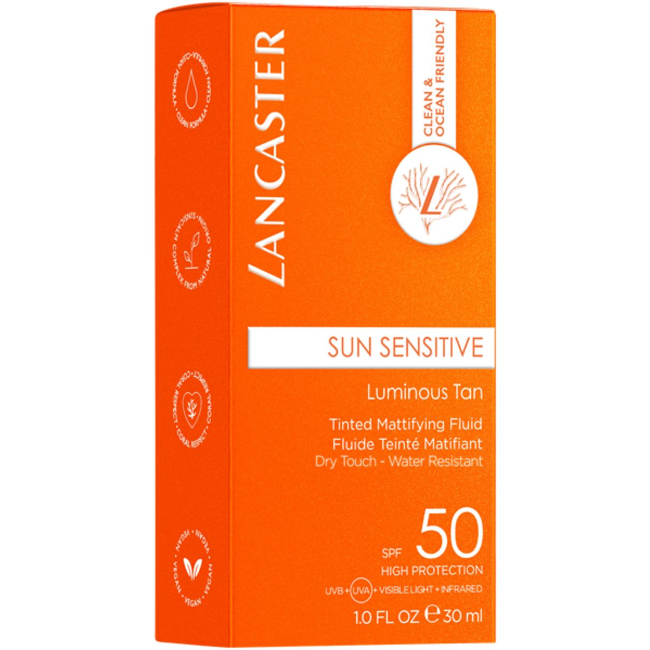 Orangefarbene Verpackung von Lancaster Sonnenempfindlicher Tönender Mattierender Fluid SPF50. Text: Sun Sensitive, 50 SPF, 10 FL OZ e 30 ml.
