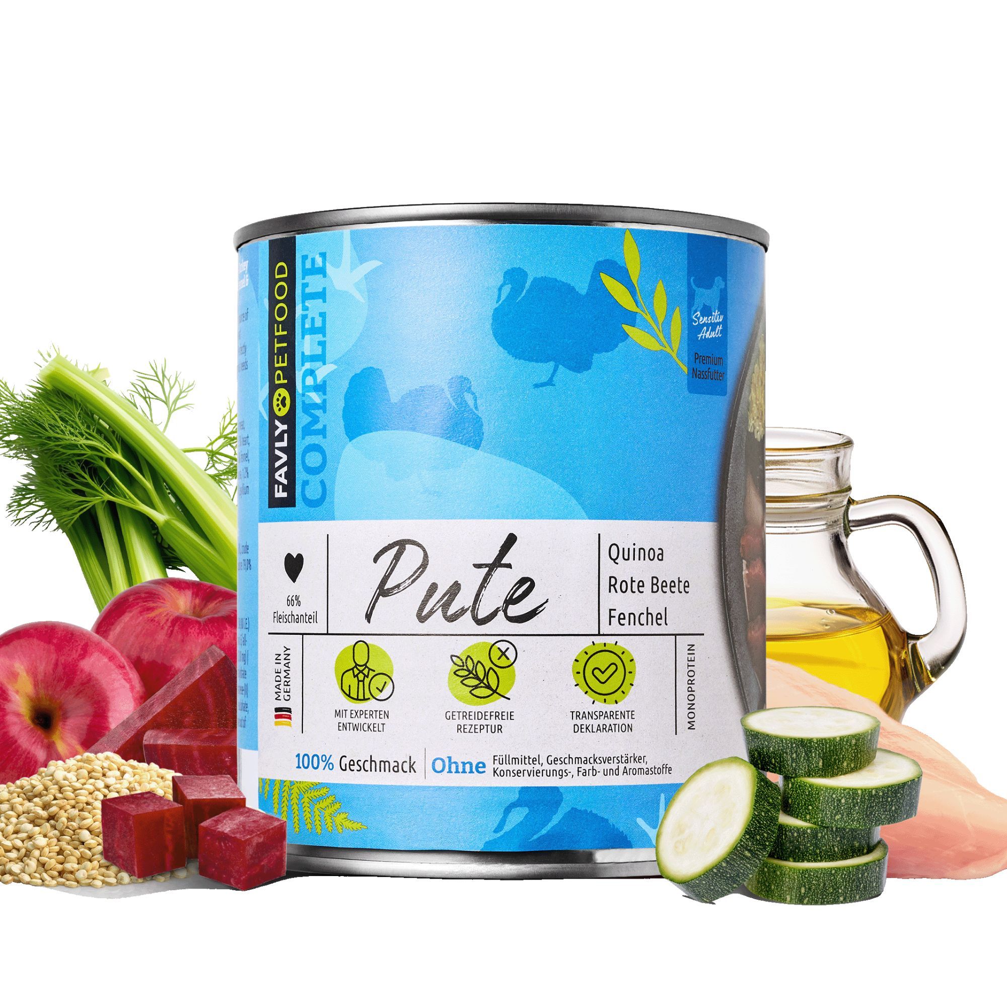 Hunde Nassfutter Pute mit Quinoa, Rote Beete & Fenchel in Dose. Zutaten neben Dose: Apfel, Fenchel, Zucchini, Öl, Quinoa.