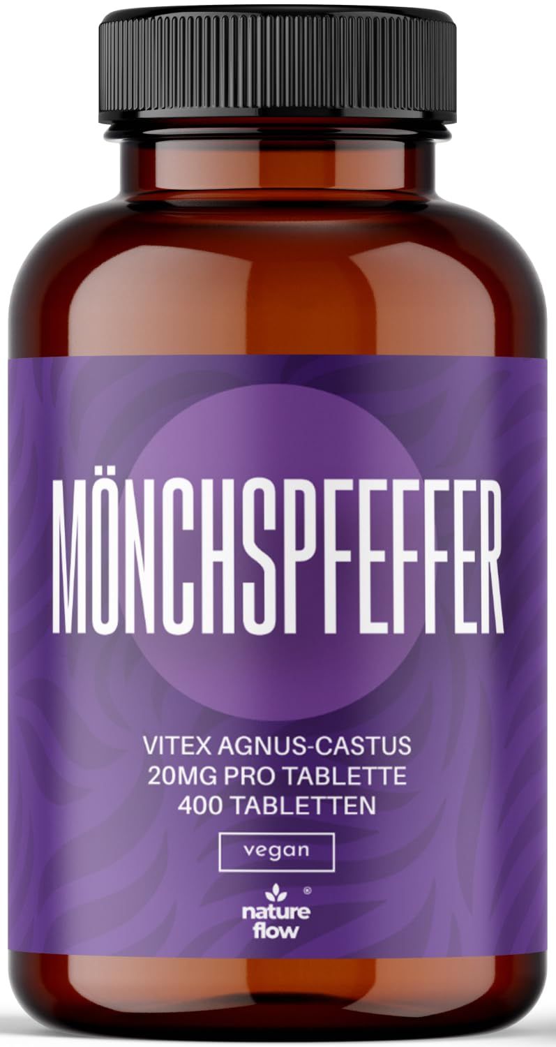 Braune Glasflasche mit lila Etikett. Aufschrift: MÖNCHSPFEFFER, 20mg pro Tablette, 400 Tabletten. Vegan-Siegel.