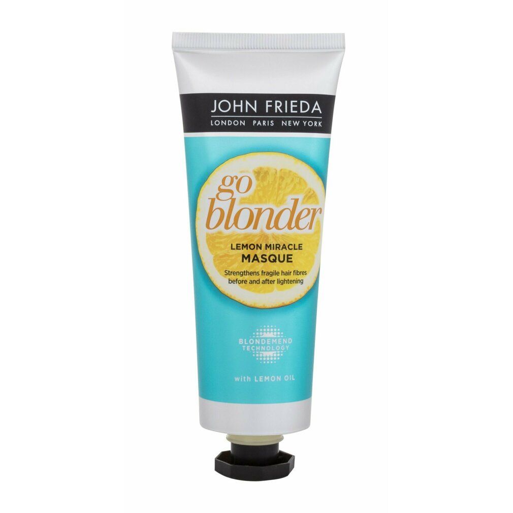Tube John Frieda Go Blonder Lemon Miracle Masque. Türkis-weißes Design mit Zitrone. Text: Lemon Miracle Masque.