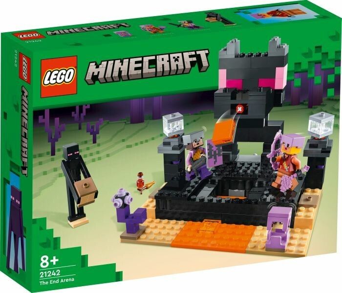 LEGO Minecraft Set. Figuren und Arena sind sichtbar. Verpackung mit Logo und Produktbezeichnung. Altersempfehlung 8+.
