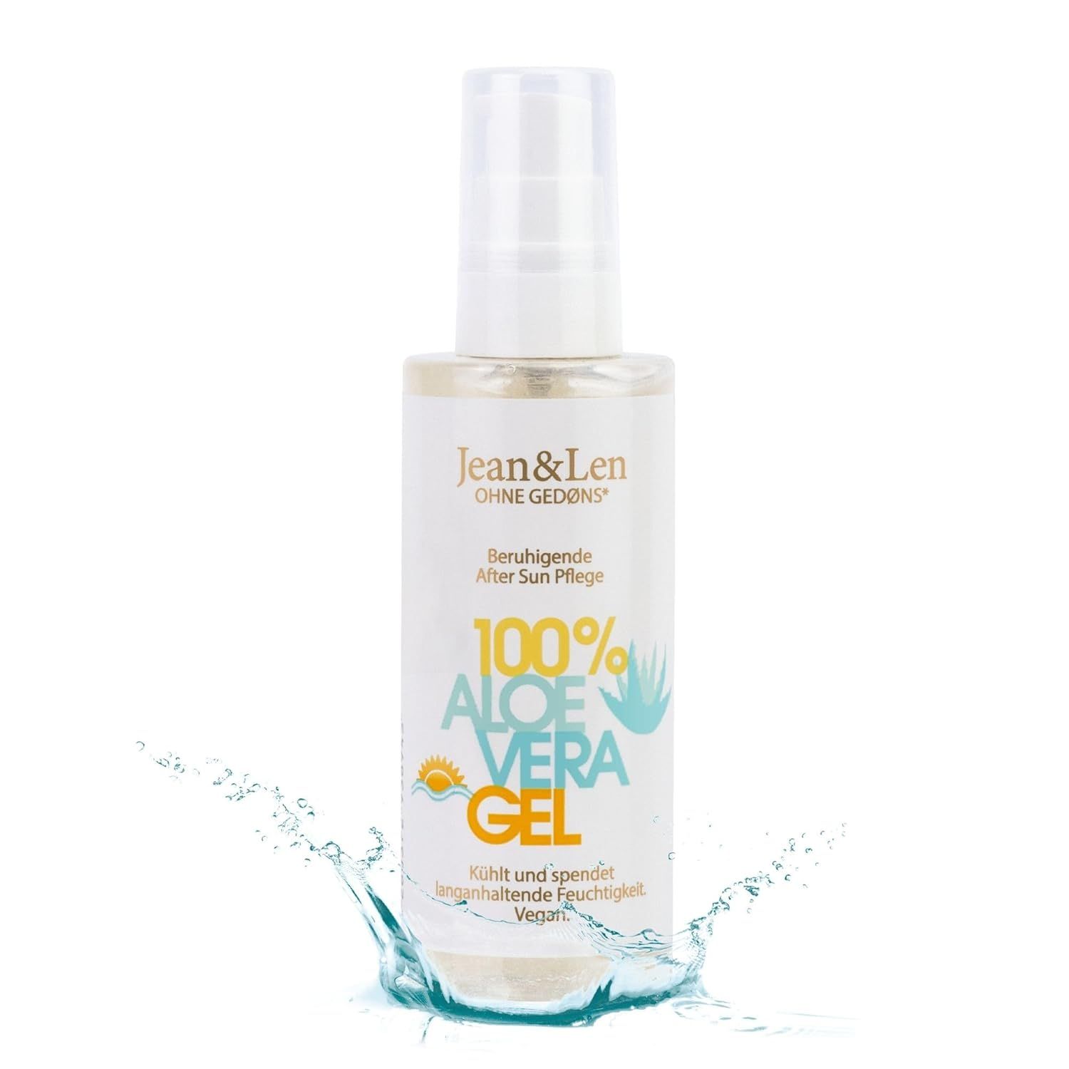 Transparente Flasche mit Sprühkopf. Aufschrift: 100% Aloe Vera Gel. Wasser spritzt.