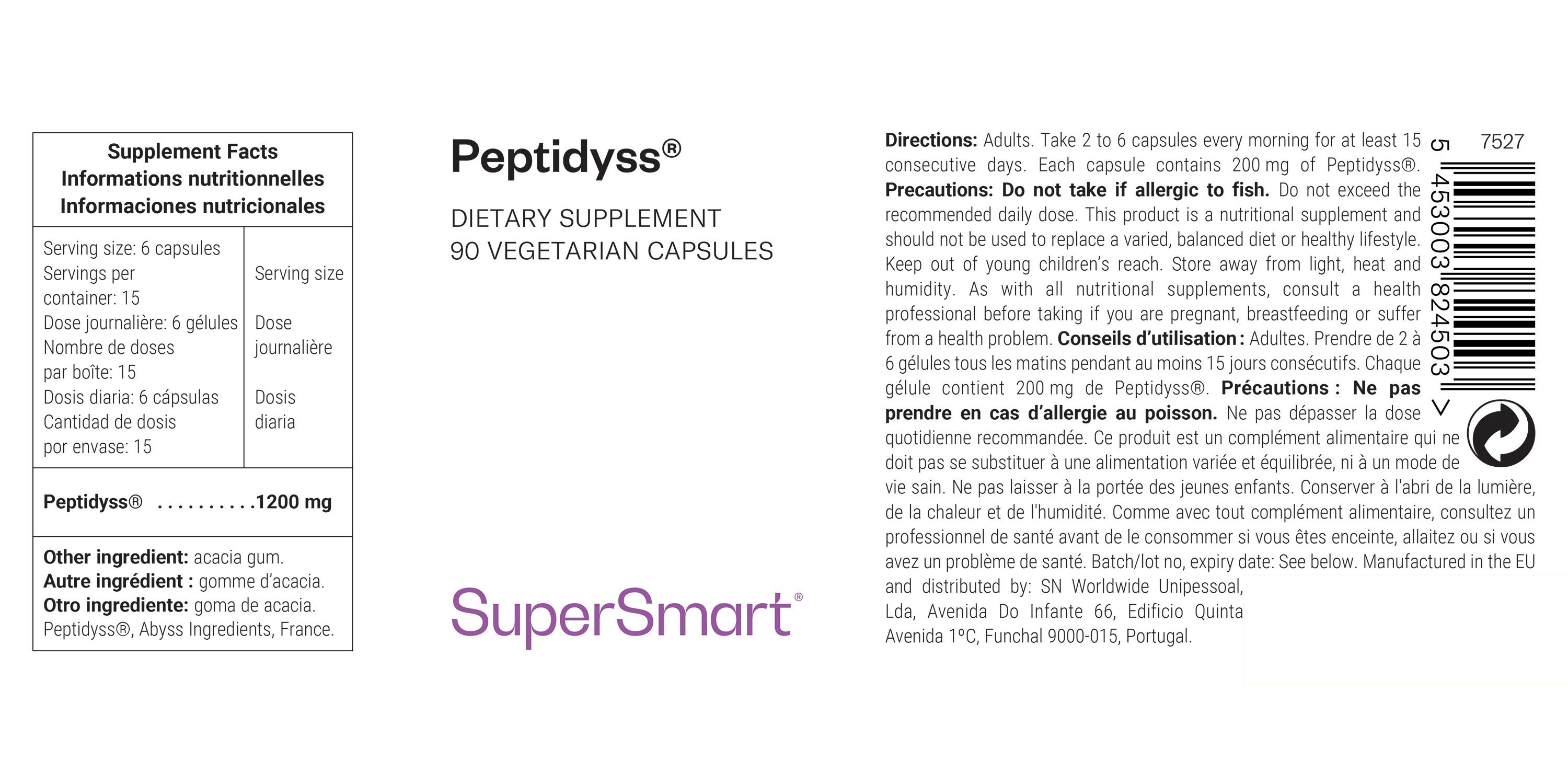 Etikett mit Produktinformationen: Peptidyyss®, 90 Kapseln, SuperSmart. Nährwertangaben, Inhaltsstoffe.