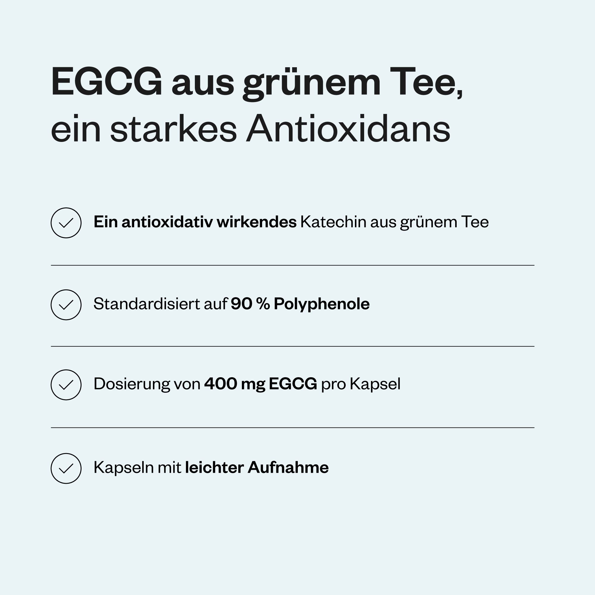 Grafik mit Text: EGCG aus grünem Tee, ein starkes Antioxidans. Aufzählungspunkte mit Informationen über das Produkt.