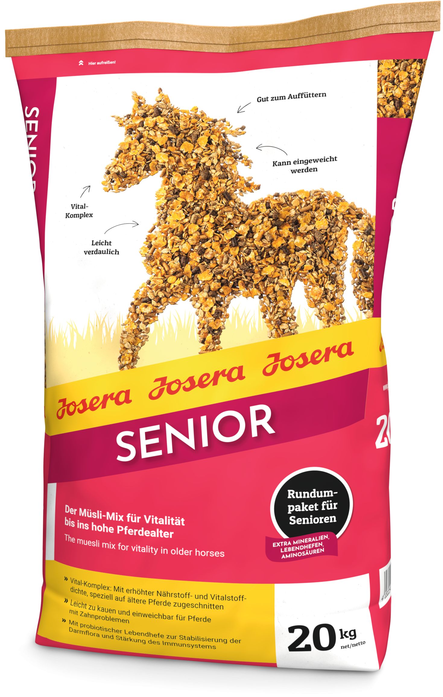 Josera Senior Pferdefutter, 20 kg Sack. Müsli-Mix für ältere Pferde mit Illustration eines Pferdes aus Futter.