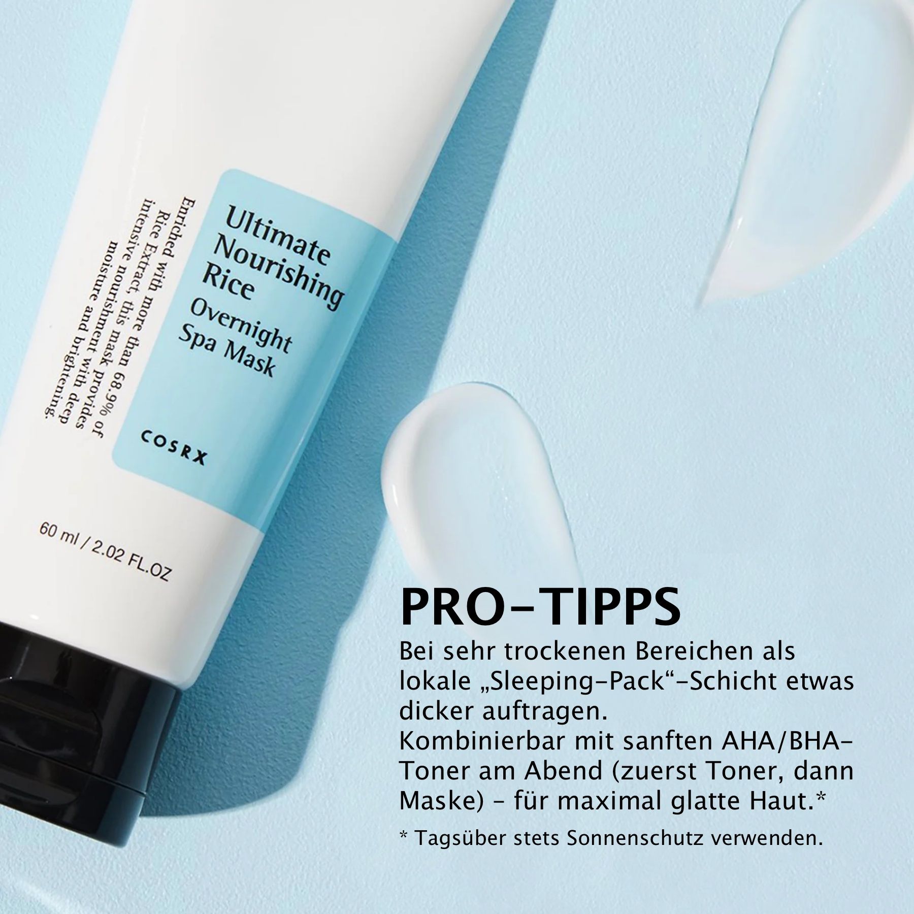 Weiße Tube mit schwarzem Deckel. Aufschrift: Ultimate Nourishing Rice Overnight Spa Mask. Marke: COSRX. Text: Pro-Tipps.