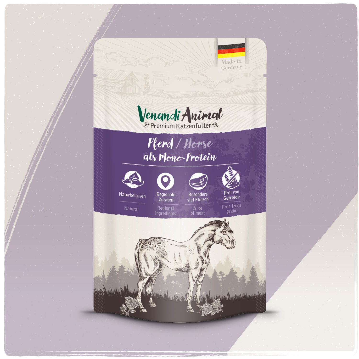 Venandi Animal Pferd als Mono-Protein Katzenfutter-Packung mit Pferdedarstellung und deutschen Qualitätsmerkmalen.