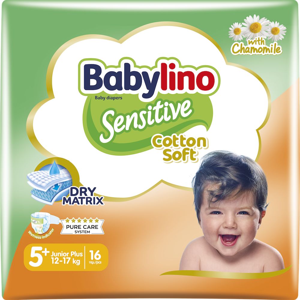 Babylino Sensitive Cotton Soft, Pannolini Taglia 5+, Junior Plus (12-17Kg), 16 Unità