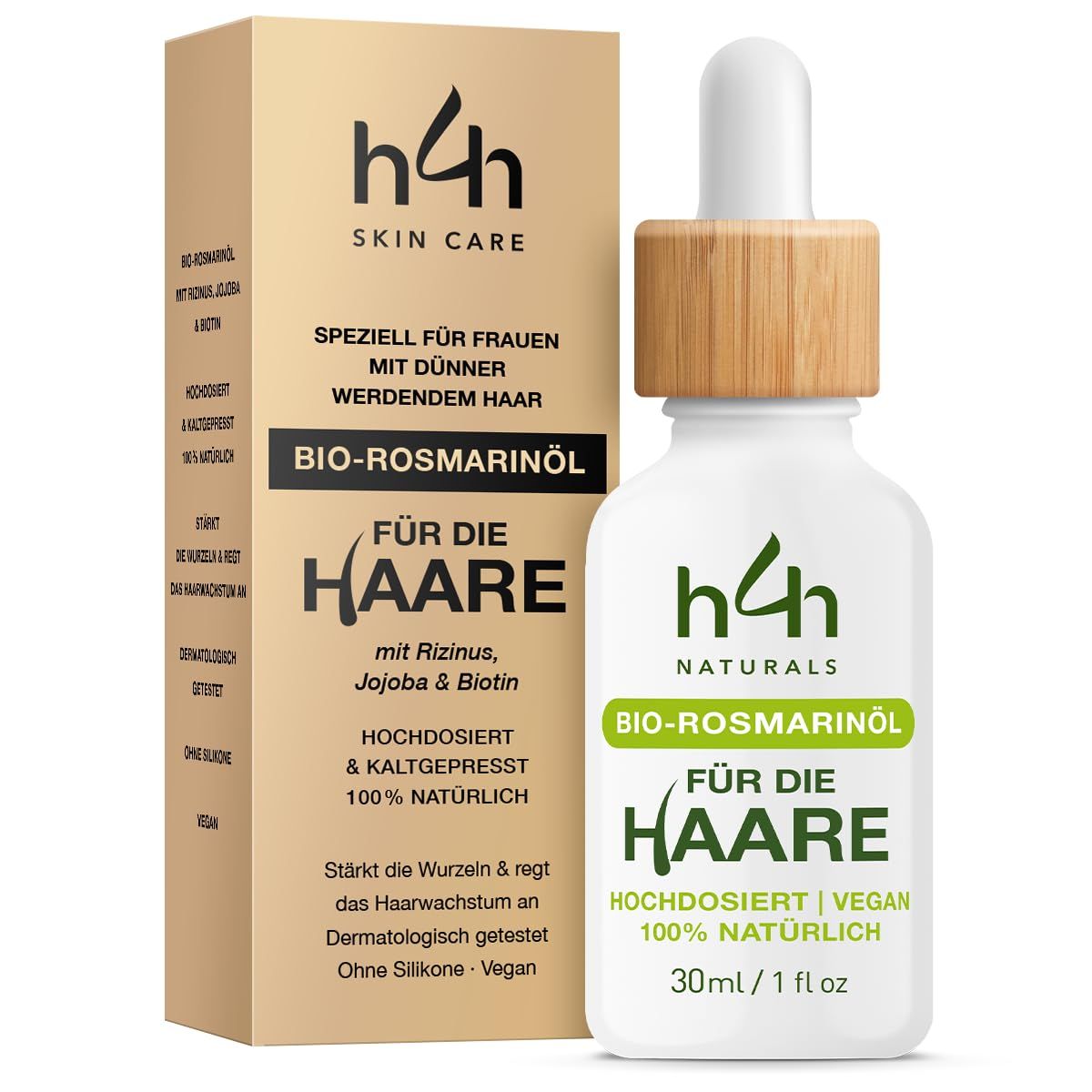 Produktverpackung: Flasche mit Tropfer und Karton. Text: Bio-Rosmarinöl für die Haare. H4H Naturals Logo.