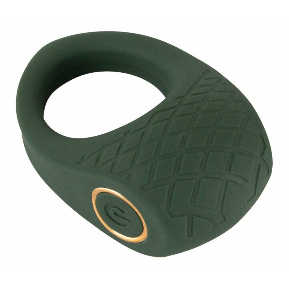 Dunkelgrüner Penisring. Goldfarbener Knopf. Ring mit rautenförmiger Textur.