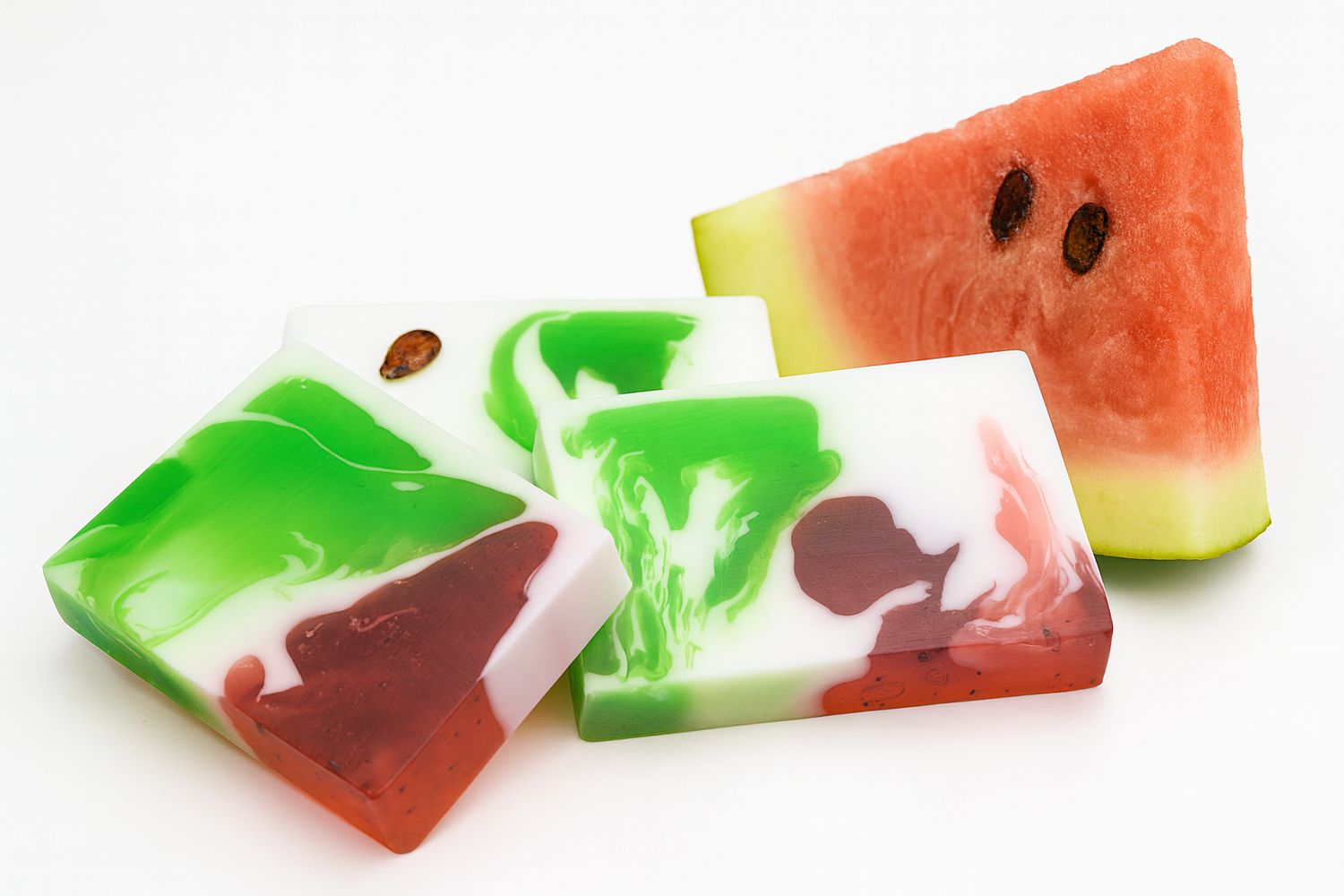 Drei Seifenstücke mit grünen und roten Farbmustern, neben einem Wassermelonenstück. Auf weißem Hintergrund.